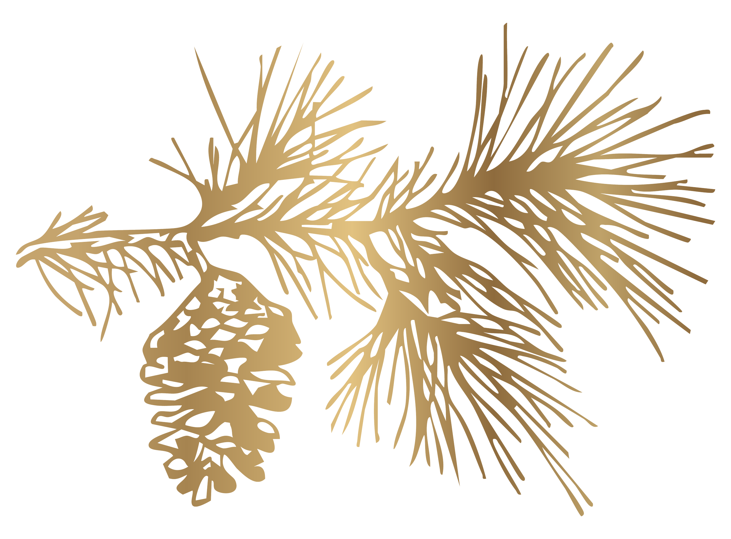 A gold-colored silhouette of a pine tree with pine cones hanging from its branches.