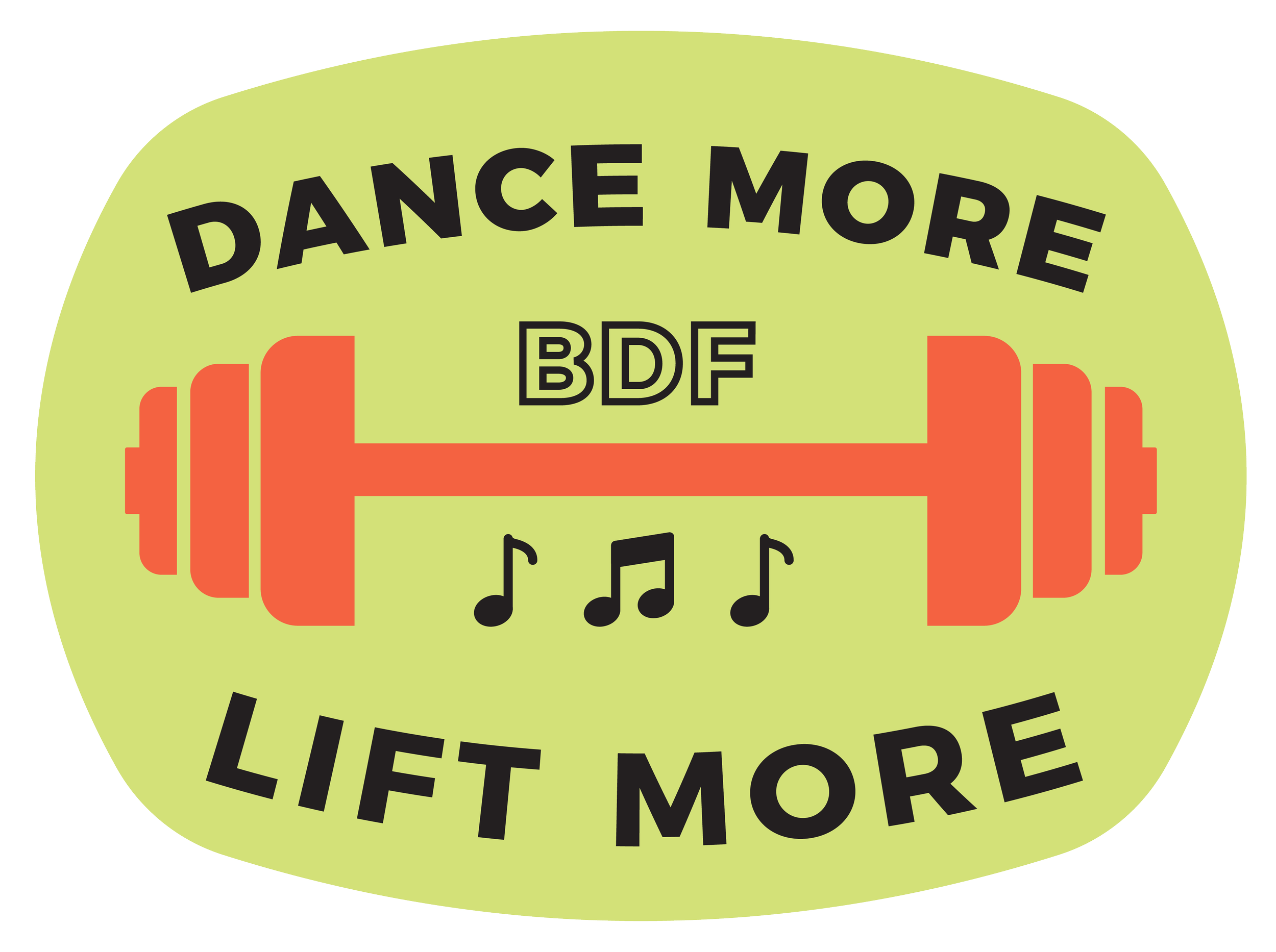 Brisbane Dance Fitness green graphic badge with the words Dance More, Lift More and BDF