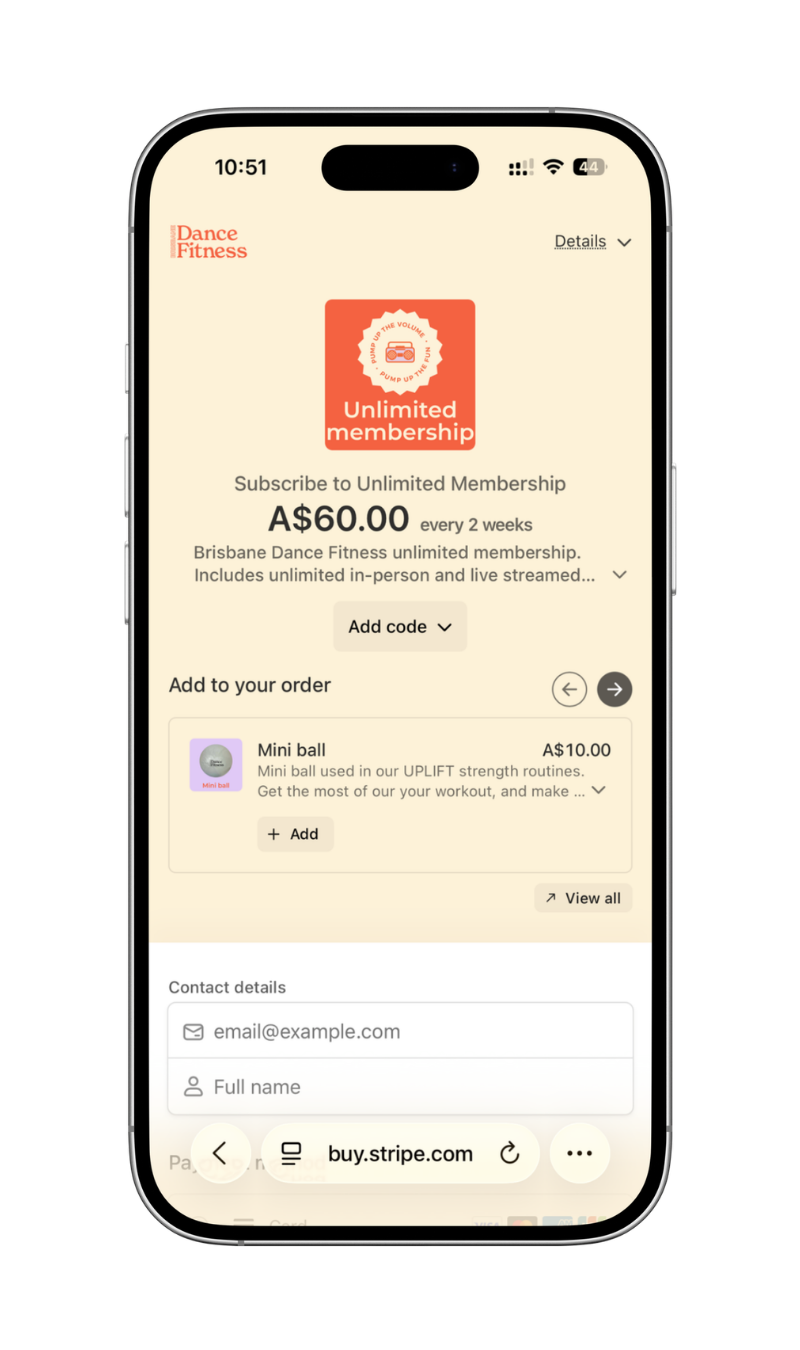 Screenshot of a mobile app page from Brisbane Dance Fitness showing an unlimited membership for A$60 every 2 weeks, with options to add a mini ball to the order and input contact details.
