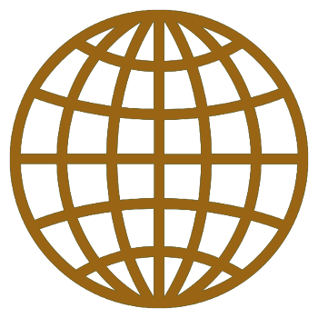 A gold globe with grid lines on a black background.