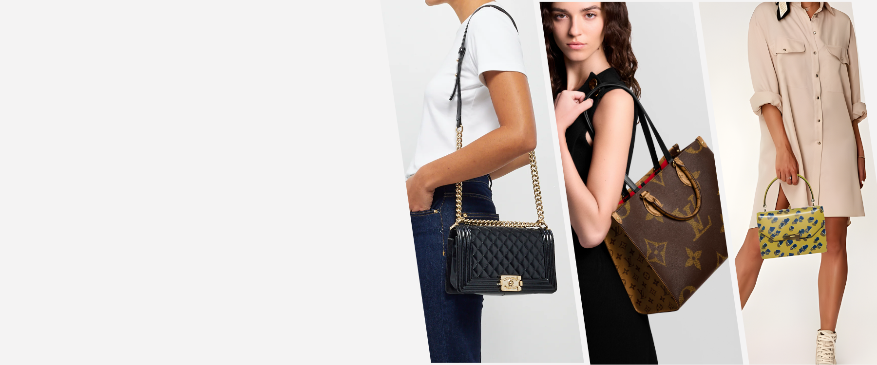Three women holding designer handbags, showcasing different styles and brands against a plain background.