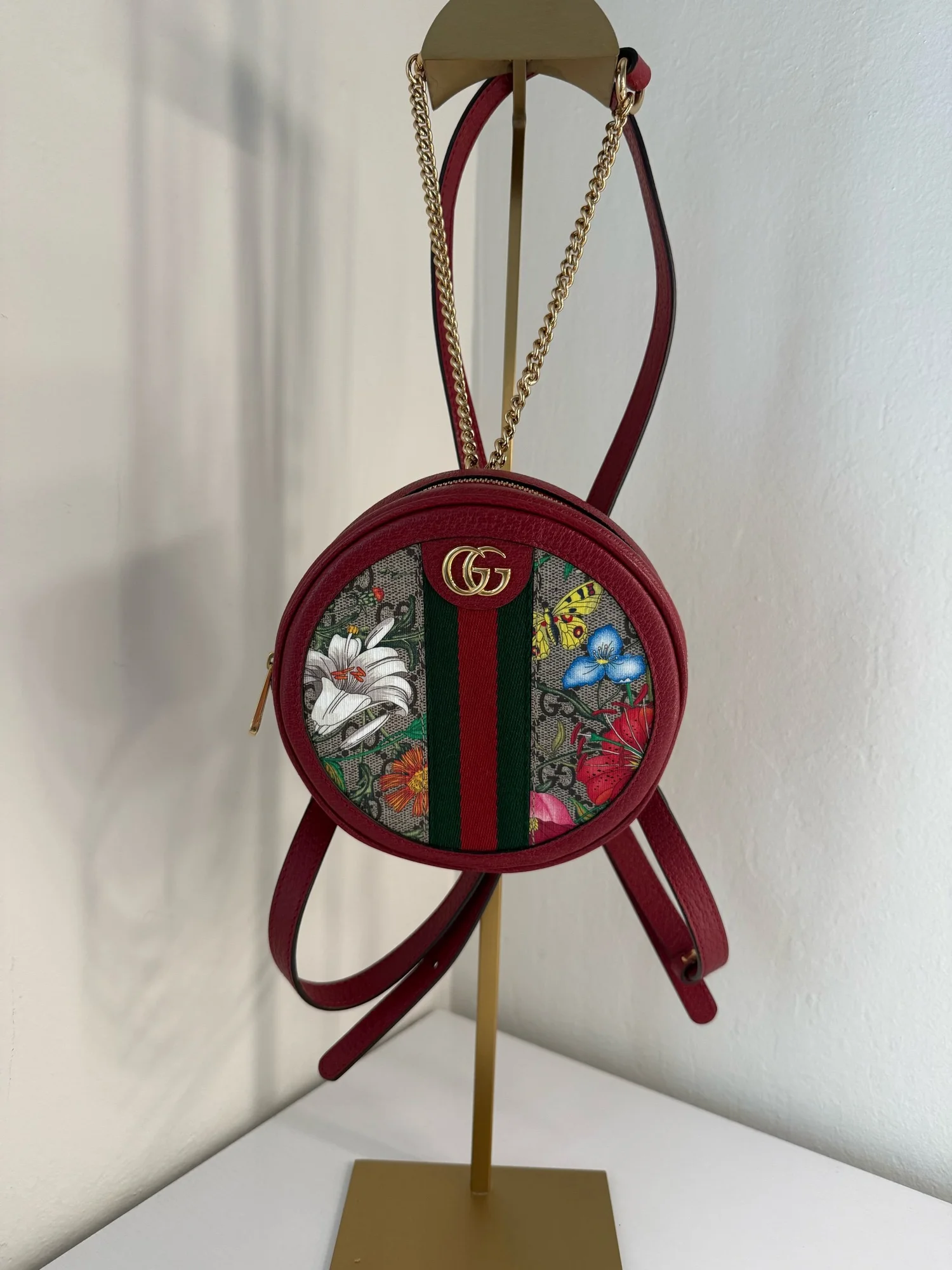 Gucci GG Supreme Monogram Web Flora Mini Ophidia Round Backpack Red