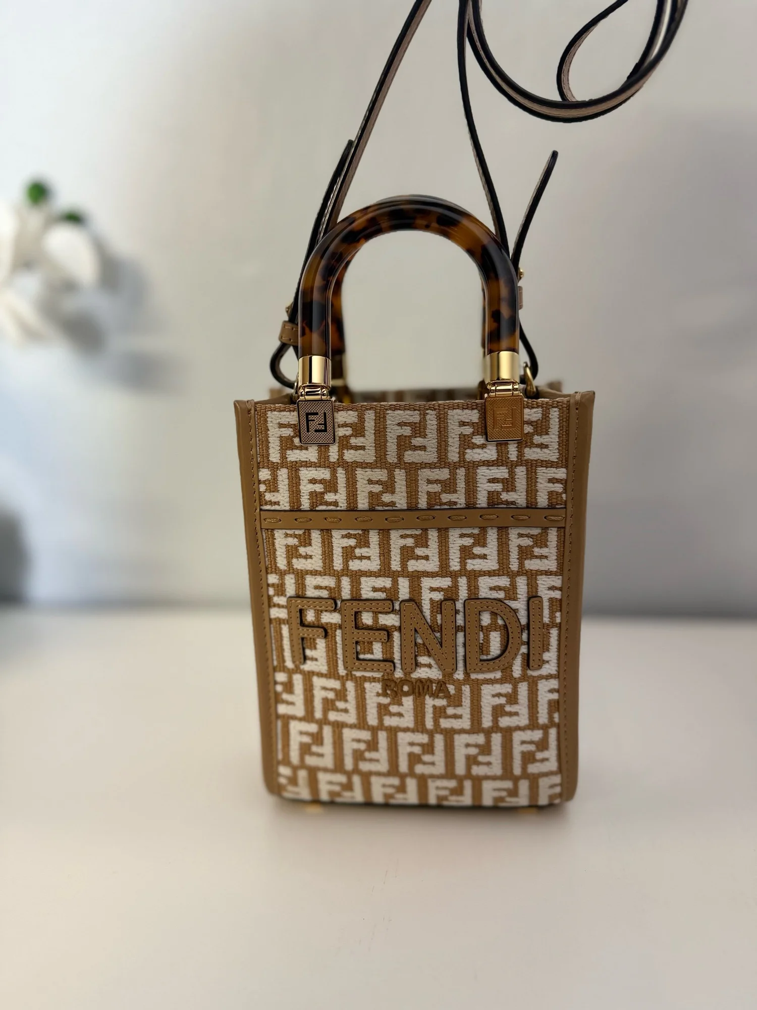 Fendi Mini Sunshine Shopper Tote Zucca Embroidered Raffia
