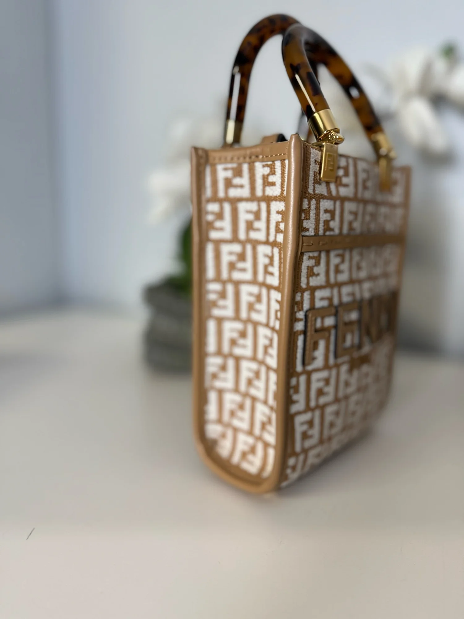 Fendi Mini Sunshine Shopper Tote Zucca Embroidered Raffia