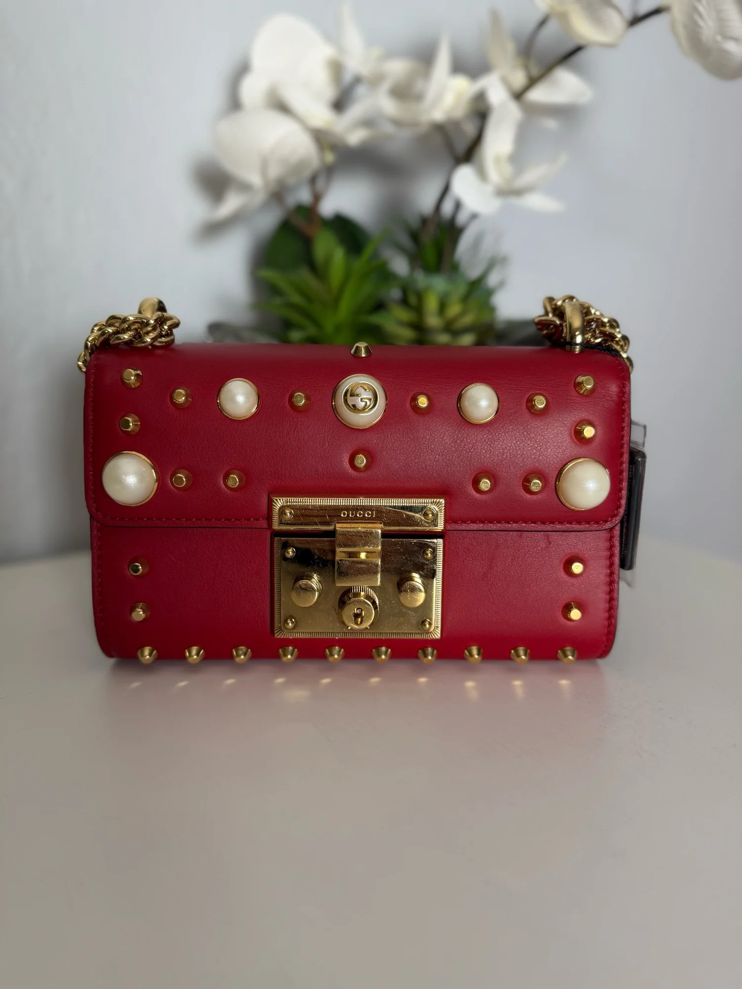 Gucci Red Leather Stud & Faux Pearl Padlock Shoulder Bag