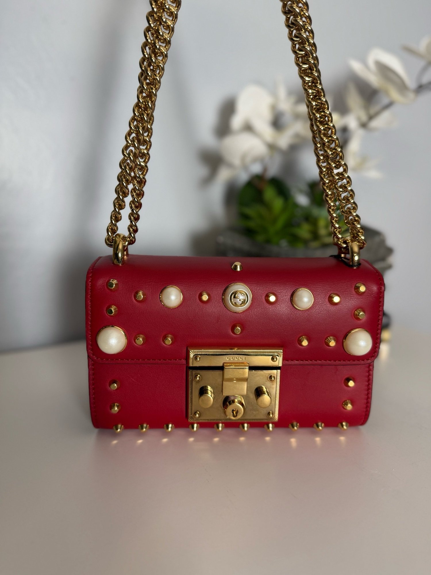 Gucci Red Leather Stud & Faux Pearl Padlock Shoulder Bag
