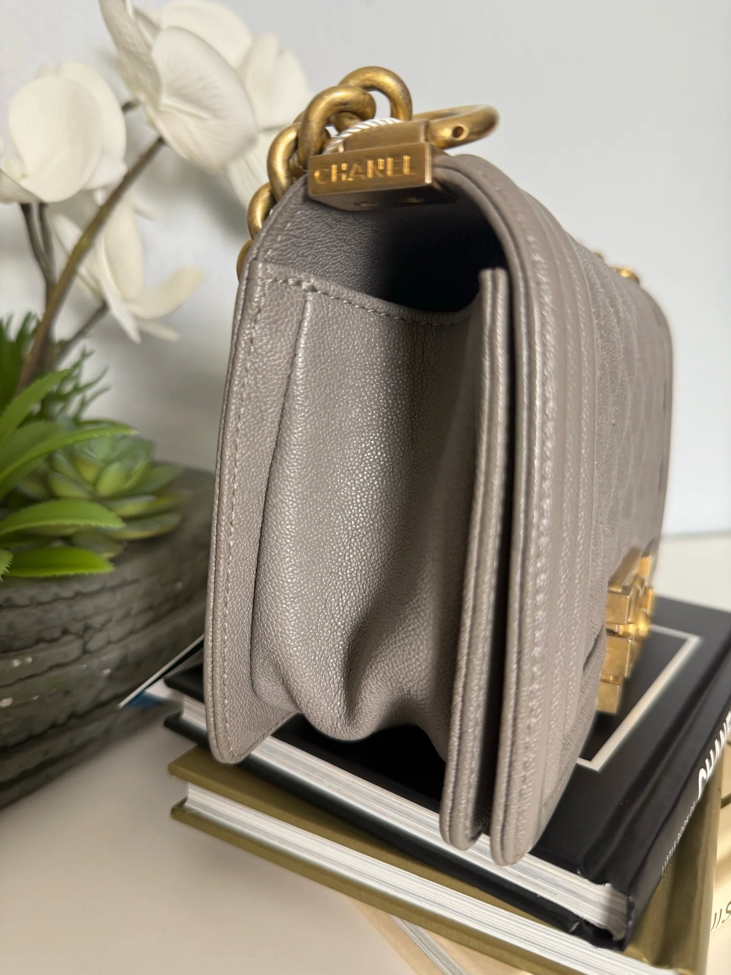 Chanel Boy Bag Small Caviar Quilted Leather Gray