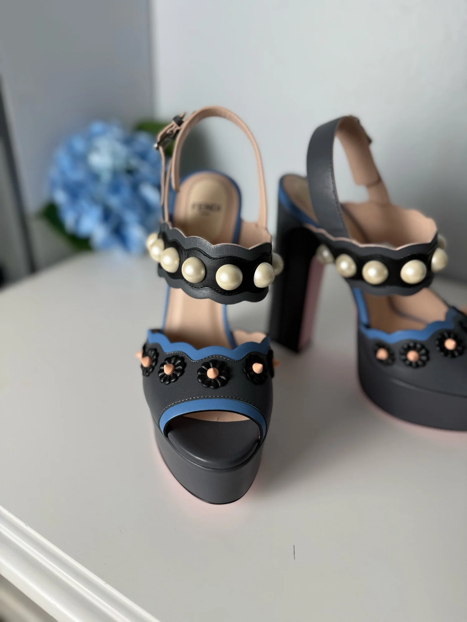Fendi Studded & Pearl Detail Scalloped Leather Platform Sandals Size 37 EU