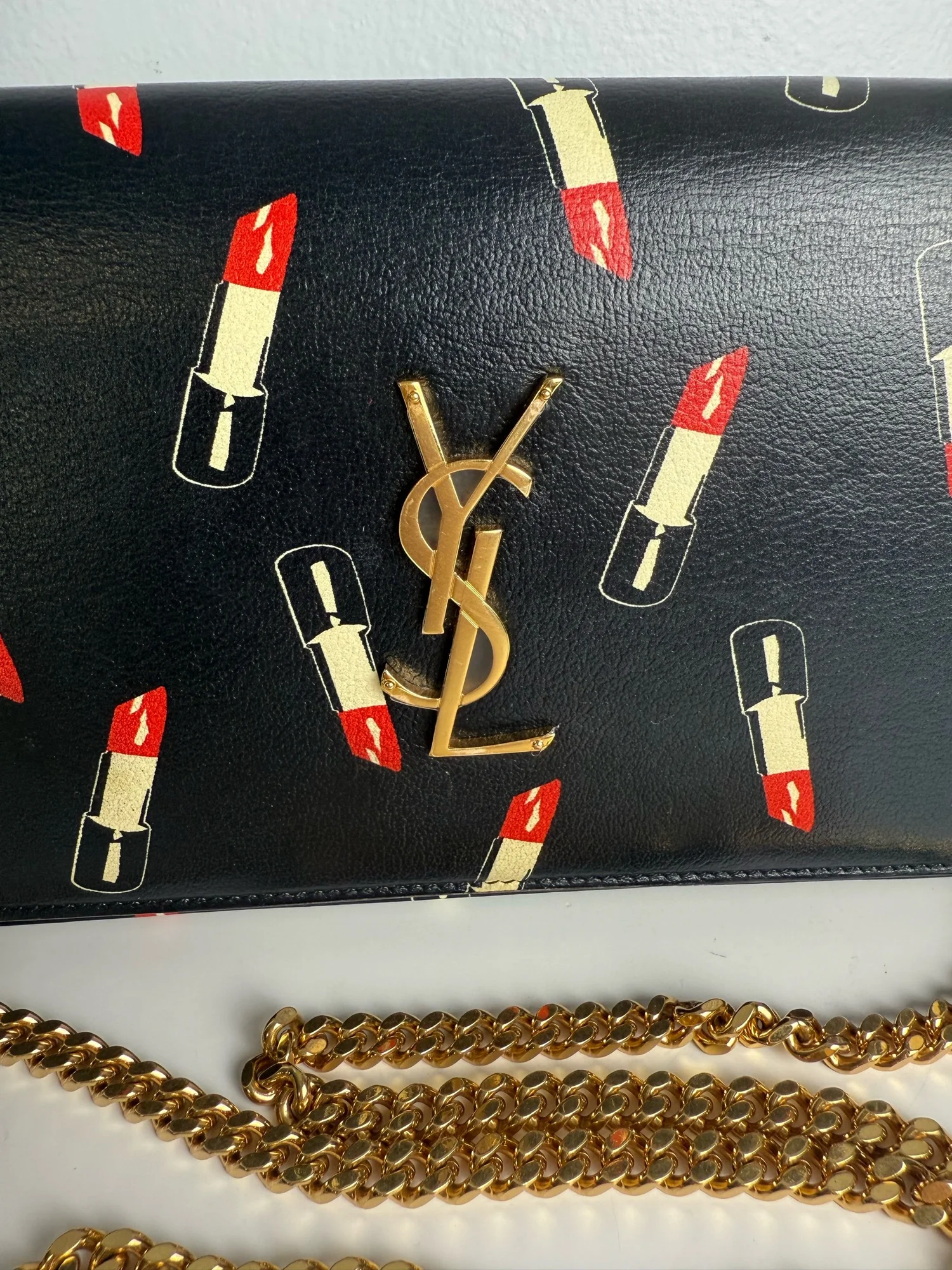 YSL Saint Laurent Black Leather Lipstick Wallet on Chain