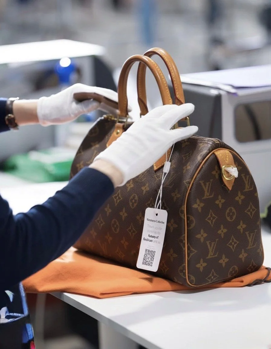 Person wearing white gloves handling a Louis Vuitton monogram canvas handbag on a table.