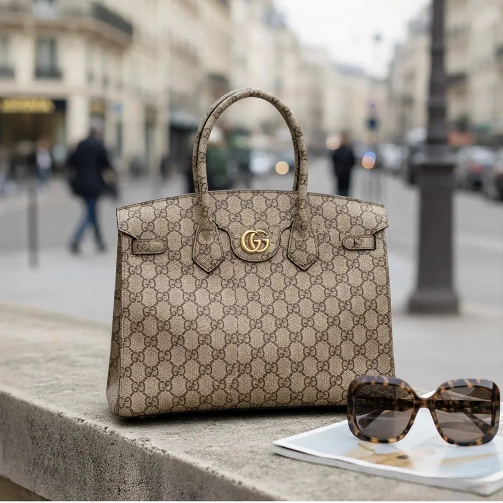 A designer handbag with a monogram pattern and gold GG logo on a stone surface, with a pair of tortoiseshell sunglasses and a booklet nearby, on a city sidewalk.