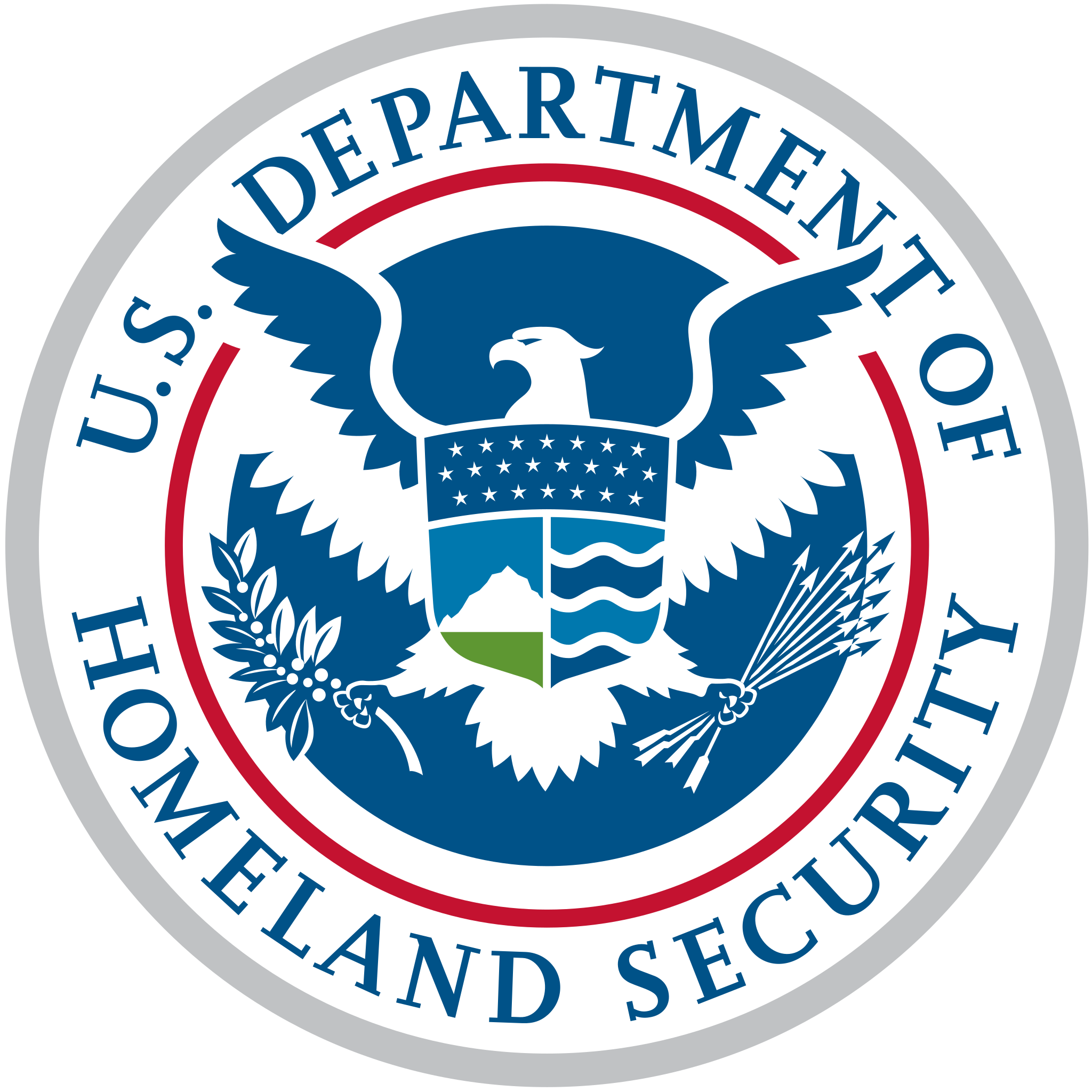 U.S. Department of Homeland Security seal featuring an eagle holding an olive branch and arrows, with a shield on its chest and the words 'U.S. Department of Homeland Security' around the edge.