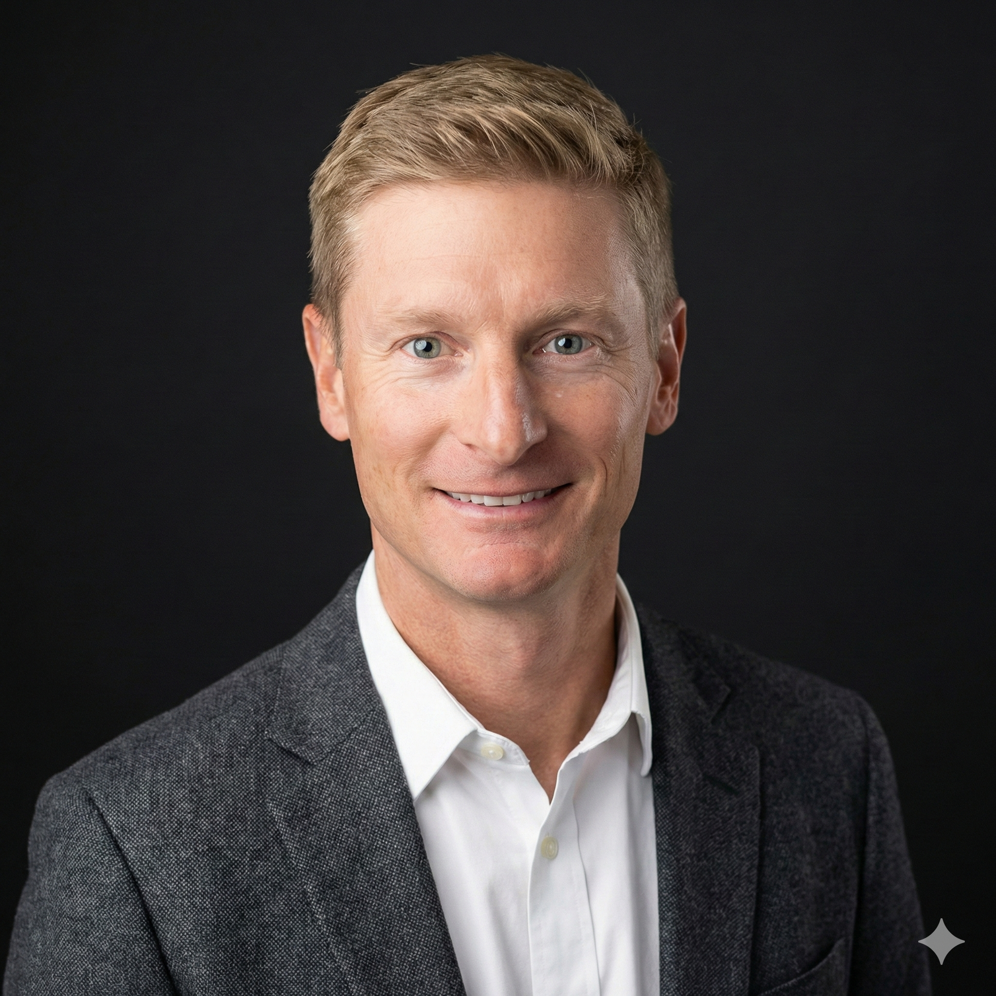 Professional headshot of a smiling man with blonde hair, wearing a white shirt and dark blazer against a dark background.