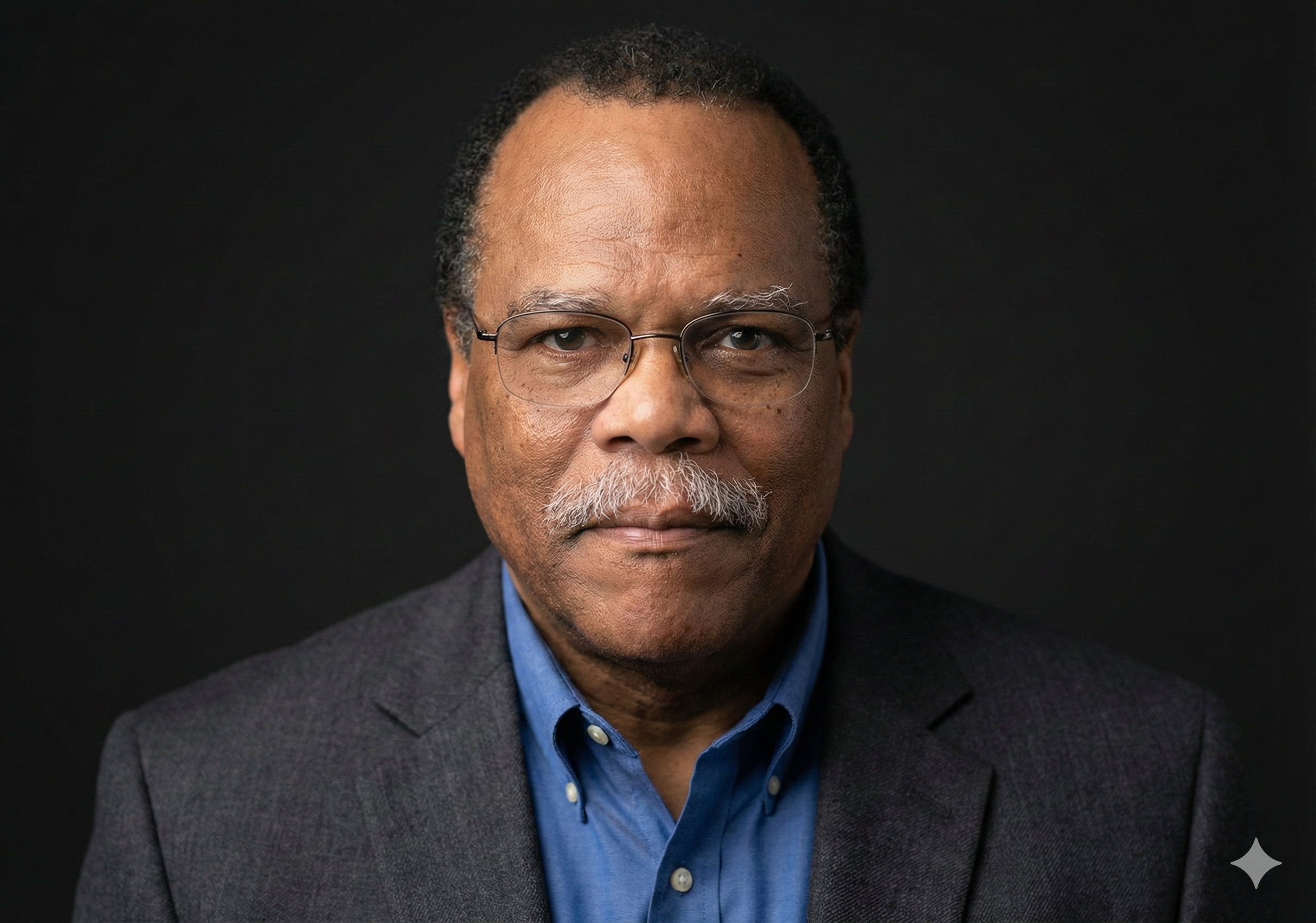 A portrait of an older African American man with glasses, wearing a dark blazer and blue shirt, against a black background.