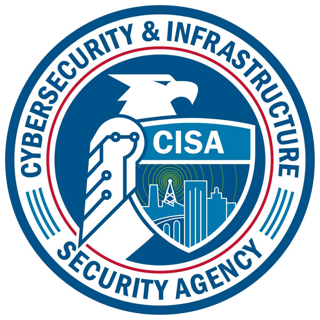 Seal of the Cybersecurity & Infrastructure Security Agency featuring a shield, an eagle, a circuit board, a radio tower, and cityscape with the acronym CISA in the center.
