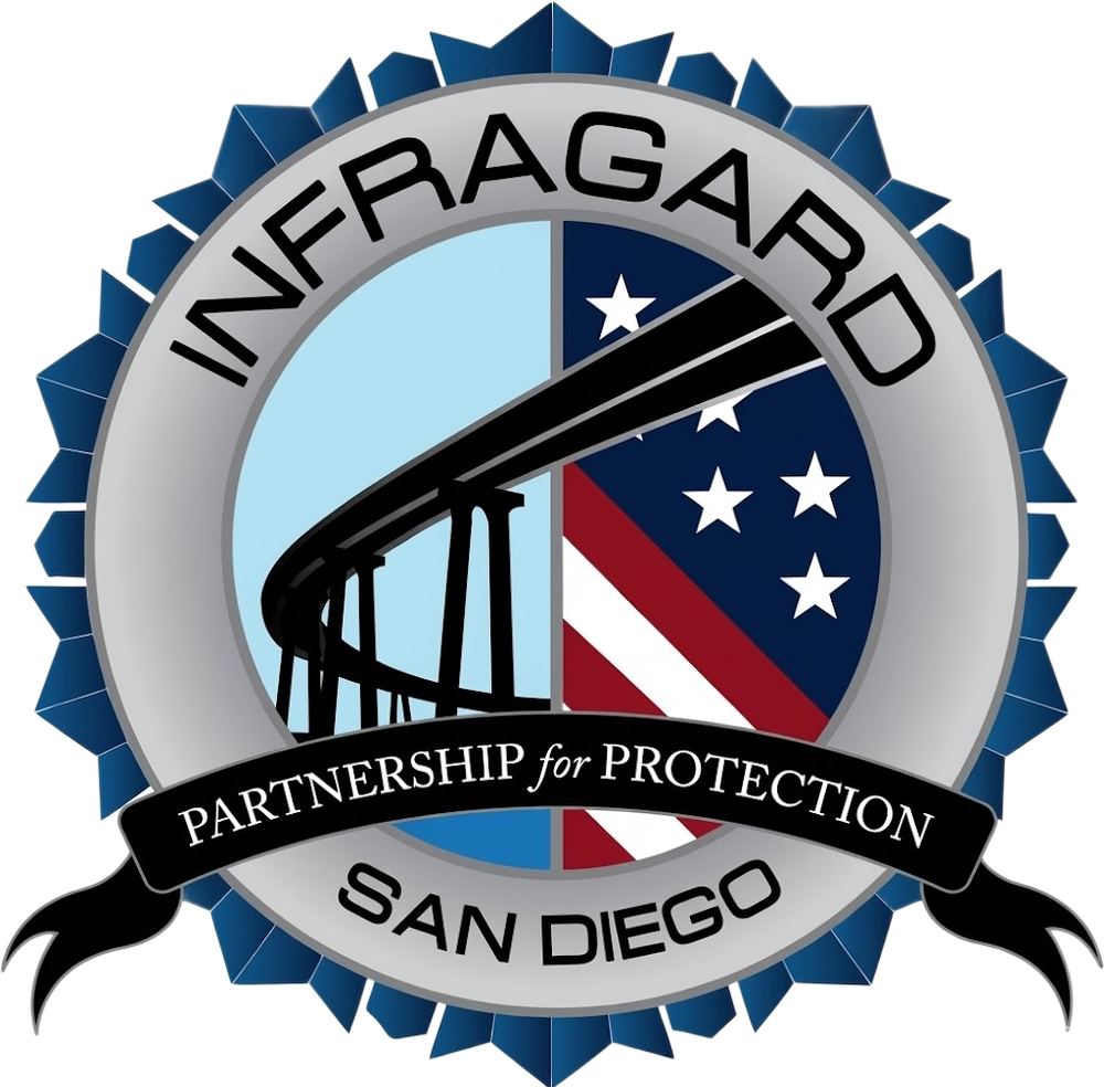 A badge with the text 'INFRAGRARD' at the top and 'SAN DIEGO' at the bottom, featuring a bridge silhouette on the left and a design with stars and stripes on the right, with a black ribbon across the middle that says 'PARTNERSHIP for PROTECTION.'