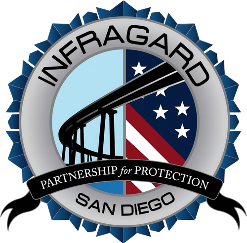 Logo for Infragard San Diego featuring a circular badge with a blue, white, and red background, a bridge silhouette, and the words 'Partnership for Protection'.