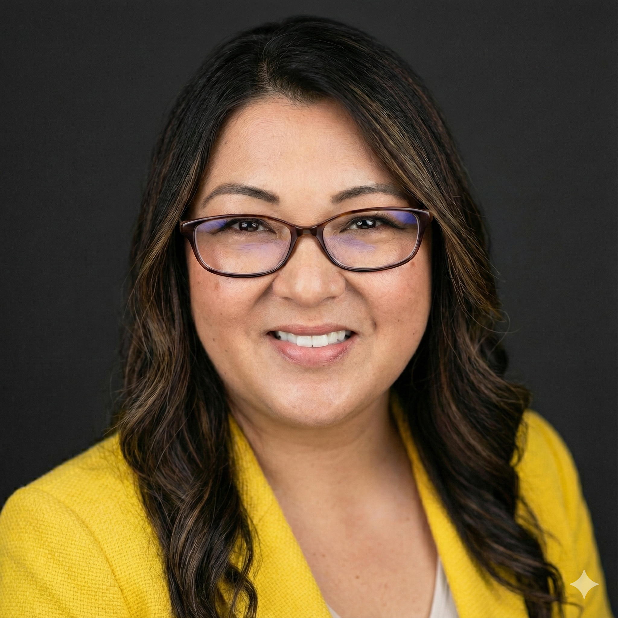 Headshot of a woman with glasses, smiling, wearing a yellow blazer, against a dark background.