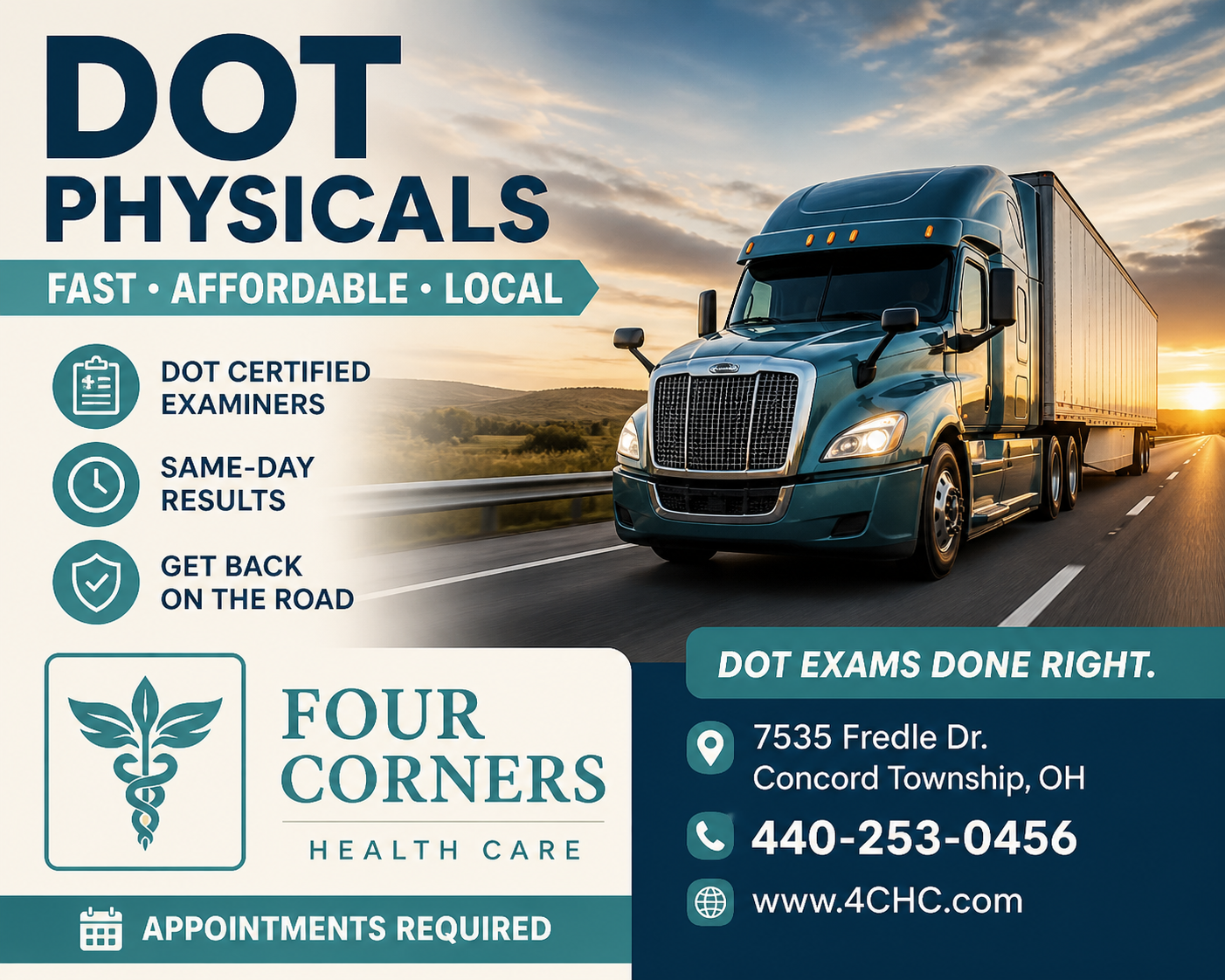 Advertisement for Four Corners Health Care offering DOT physicals with a background of a large truck driving on a highway at sunset.