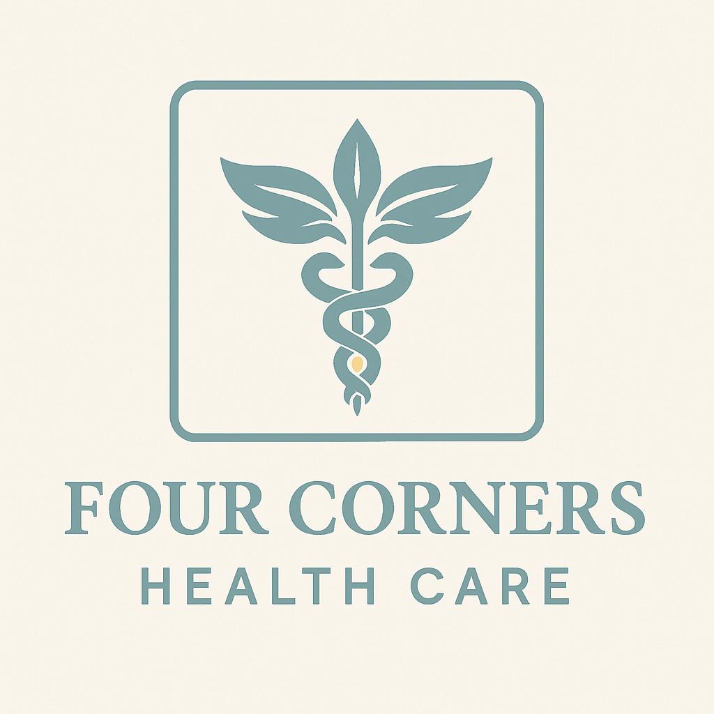 Logo for Four Corners Health Care featuring a stylized caduceus with leaves and the text "FOUR CORNERS HEALTH CARE".