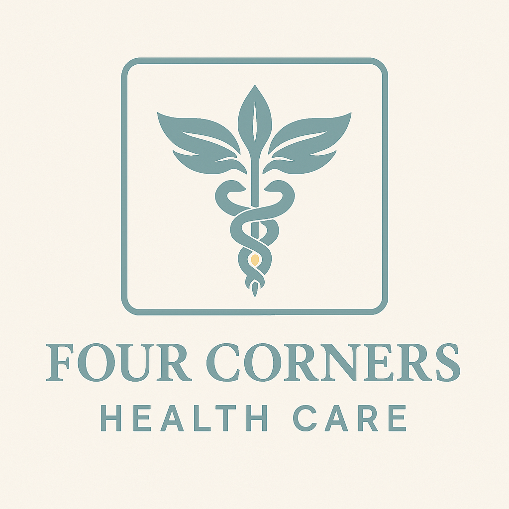 Logo of Four Corners Health Care featuring a medical caduceus with a leaf design above it and text 'Four Corners Health Care'.