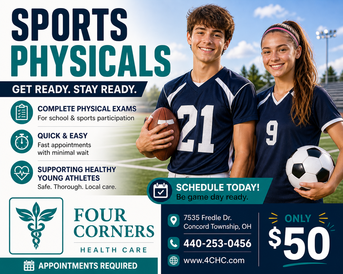 A flyer for sports physicals featuring two smiling young athletes, a boy holding a football and a girl holding a soccer ball, on a sports field with a blue sky.