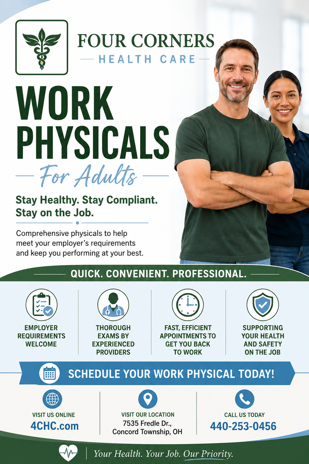 Flyer for Four Corners Health Care promoting work physicals for adults. Features a smiling man with arms crossed and a woman in the background, with text about scheduling physicals and contact information.