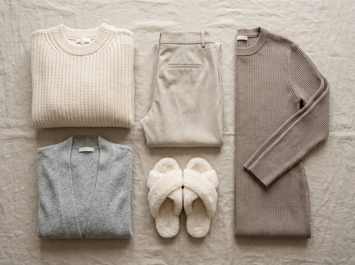 Five-piece work from home cozy capsule wardrobe including cream knit sweater, neutral trousers, cardigan, knit dress, and slippers on beige background
