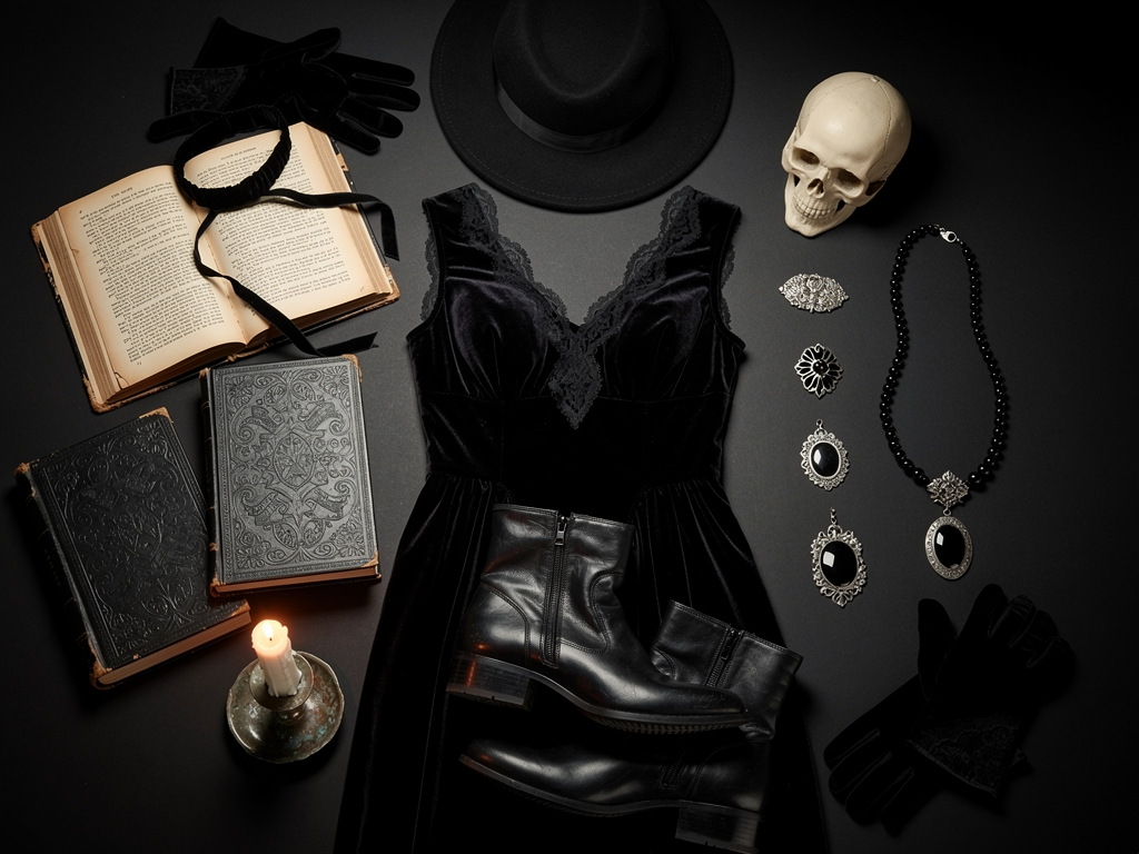 Gothic academia darkest academia aesthetic with black velvet clothing Victorian mourning jewelry and gothic literature
