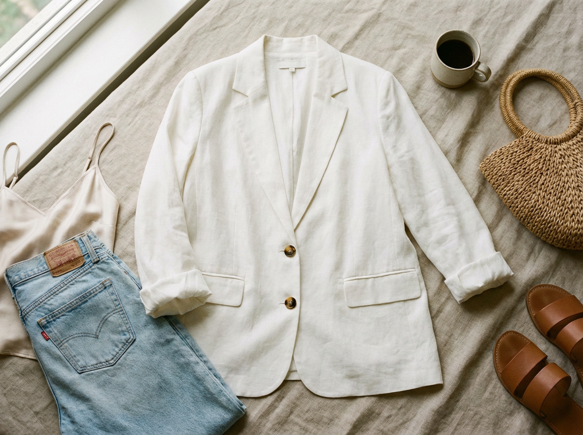 White oversized blazer hanging on hanger, Clean Girl wardrobe essential piece number one