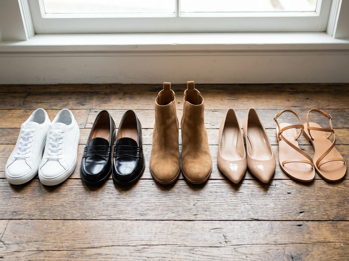 Minimalist shoe collection essentials white sneakers black loafers ankle boots