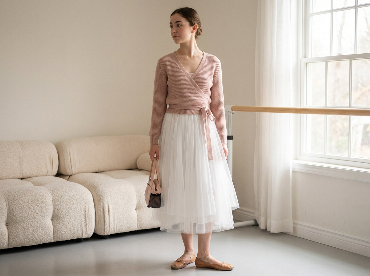 balletcore aesthetic outfit with wrap sweater tulle skirt ballet flats