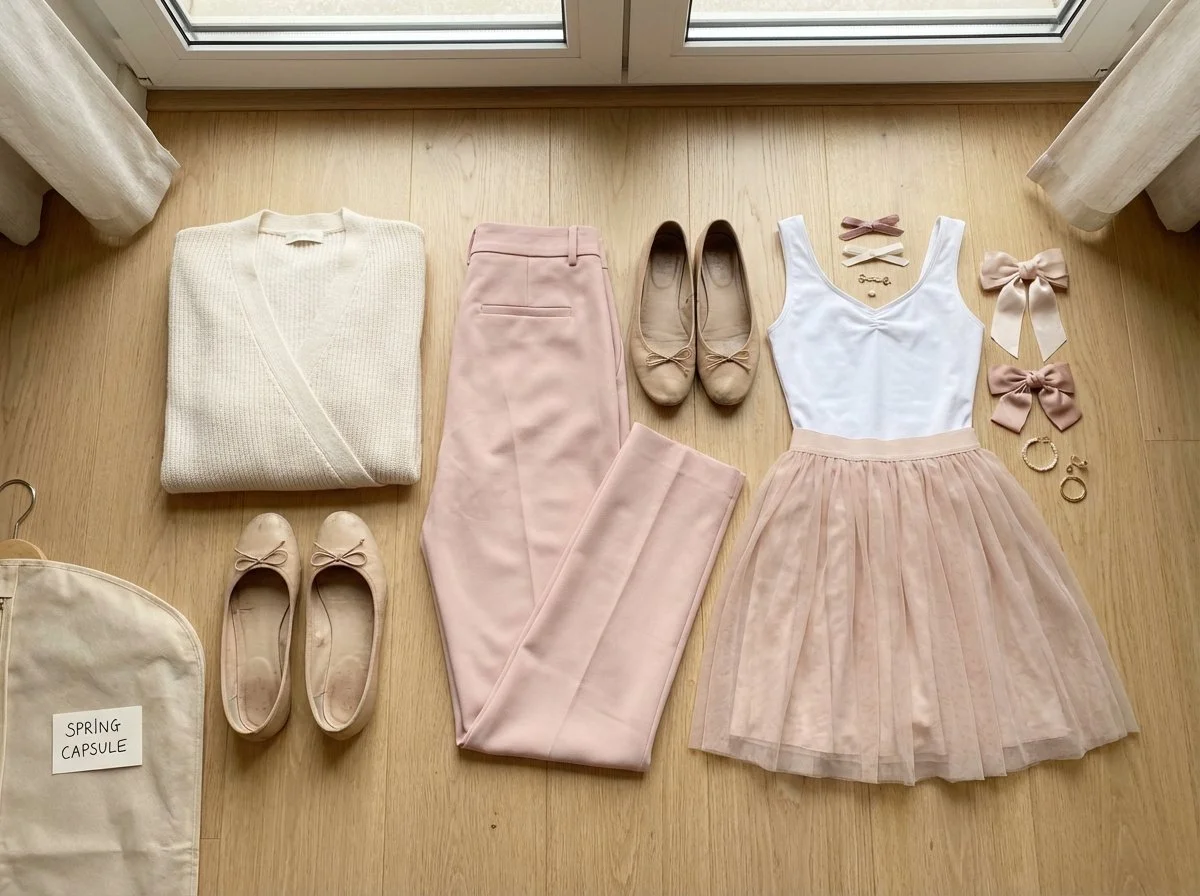 Balletcore aesthetic spring capsule wardrobe featuring wrap cardigan, ballet pink trousers, authentic ballet flats, and dancer-inspired pieces