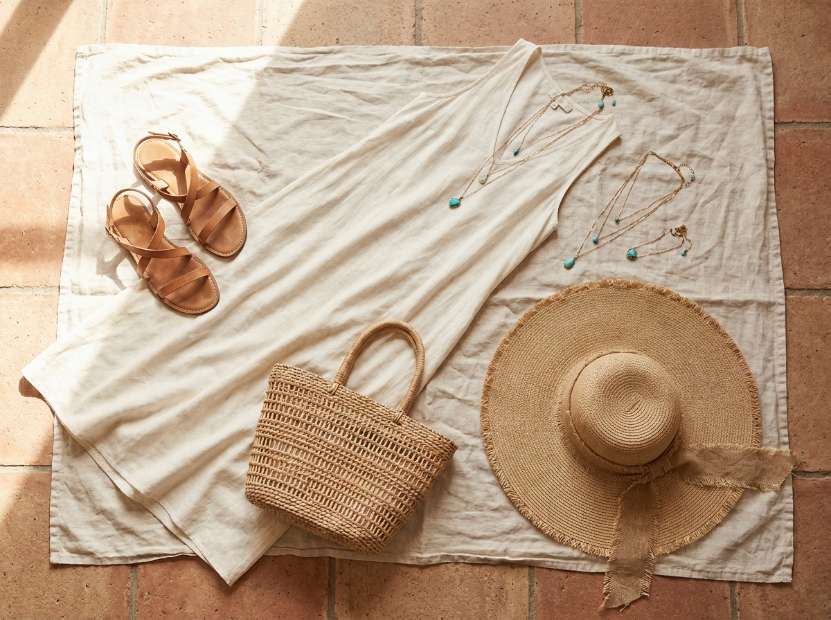 Boho capsule wardrobe essentials including linen maxi dress, leather sandals, woven tote bag, and gold layered necklaces