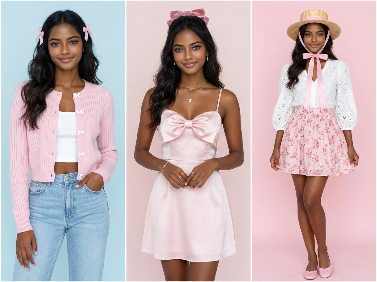 hree Coquette aesthetic spring outfit formulas showing casual, date night, and brunch styling with pink pieces and bow accessories