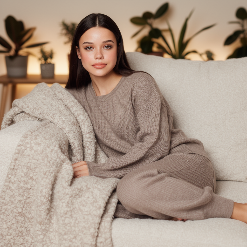 Young woman sitting on a beige couch wrapped in a cozy knit blanket, wearing matching beige loungewear, with a warm background of potted plants.