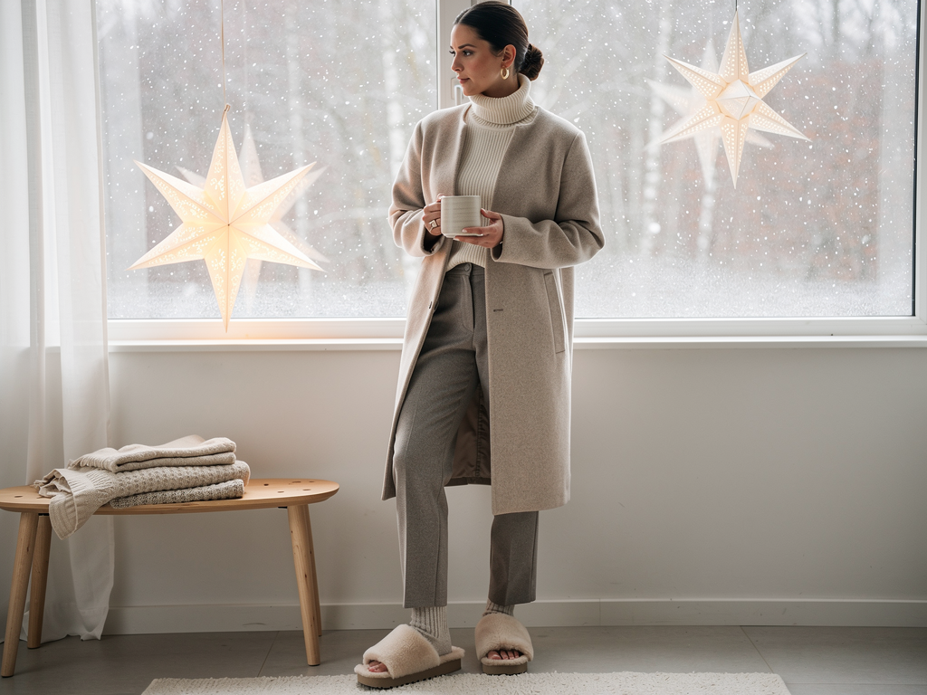 A young woman standing and smiling while holding a mug at a Christmas gathering in a cozy living room decorated for the holidays, with a fireplace, Christmas tree, and other people sitting and standing in the background.