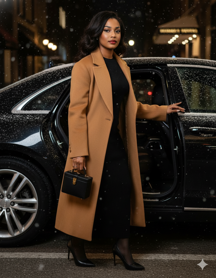 POV: It's snowing but your style game is on point. 💅 Obsessed with this 'old money' moment—camel coat, black knit dress, and a little sparkle. Who says winter can't be glam? ❄️