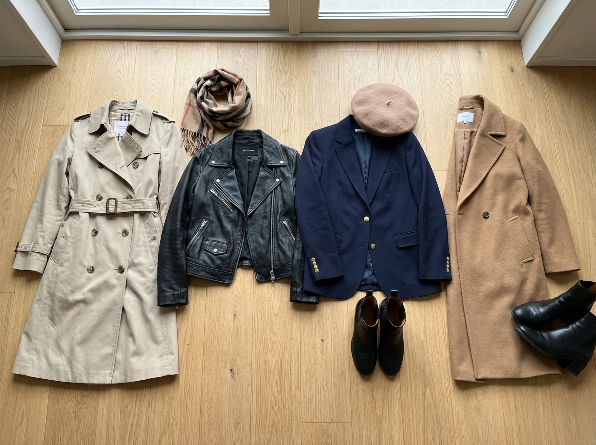 French girl aesthetic outerwear essentials including trench coat, leather jacket, navy blazer, and camel wool coat