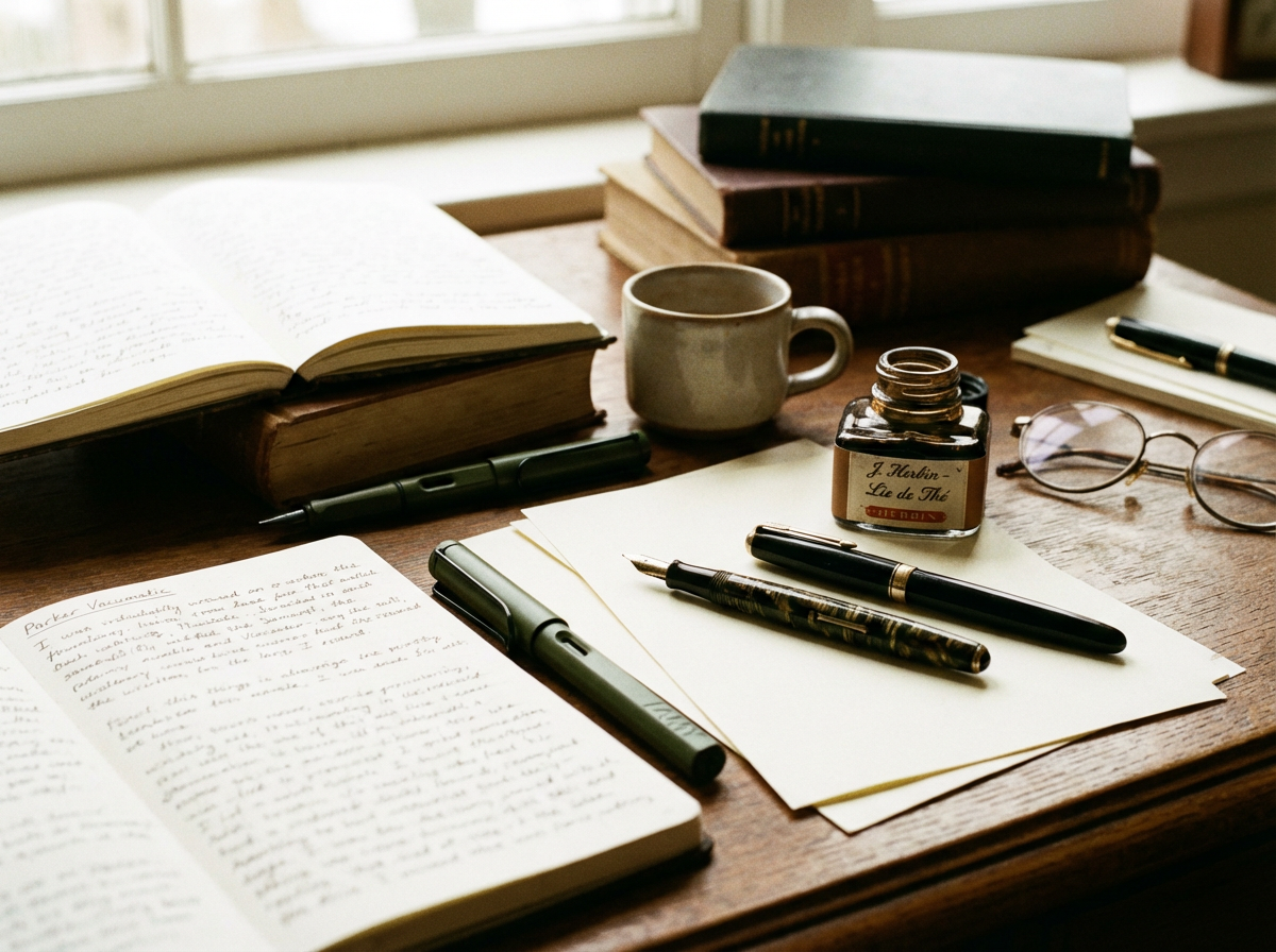 Vintage fountain pens for poetcore aesthetic including Lamy Safari, vintage Parker, and ink bottle