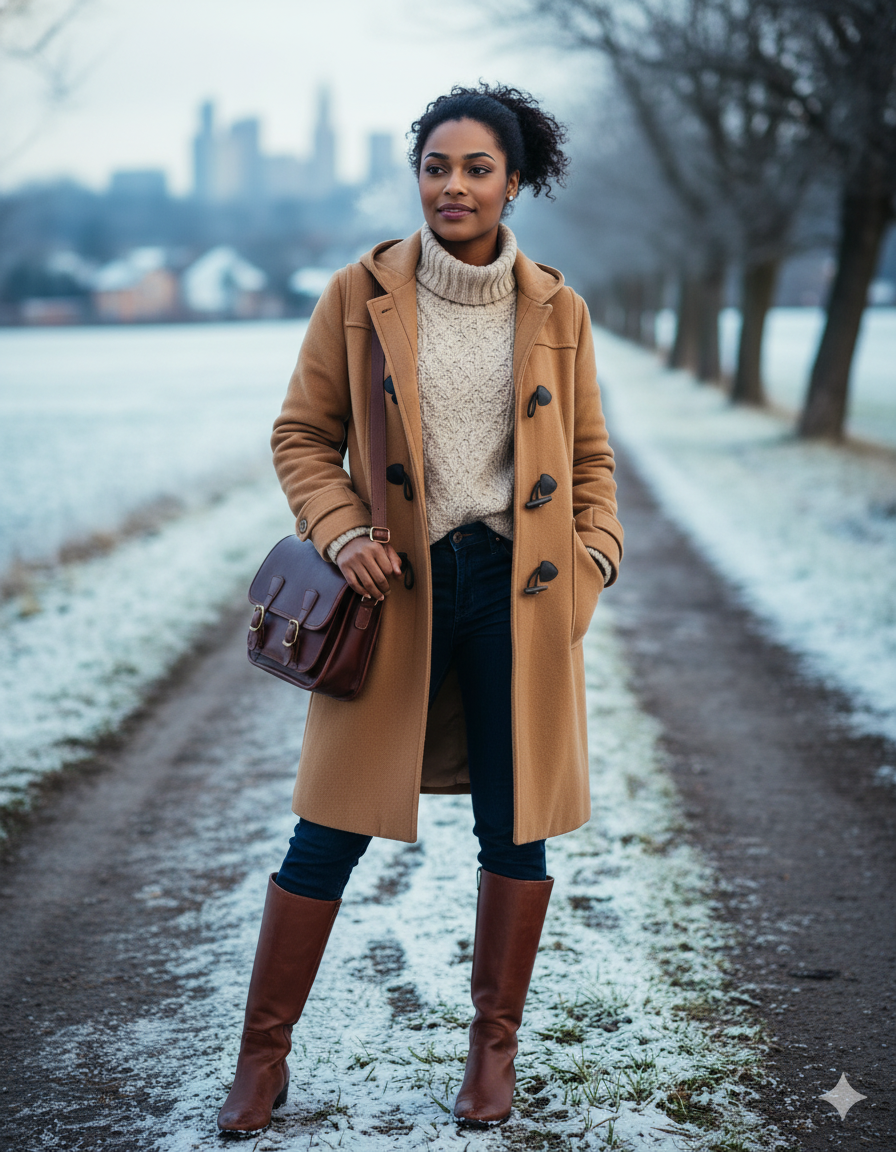 Okay, winter outfit perfection found! 

This stable-to-town look is giving all the cozy-chic vibes. That camel duffle coat and oatmeal roll-neck combo? *Chef's kiss*. Paired with dark denim, cognac boots, and a classic leather satchel, I'm ready for 