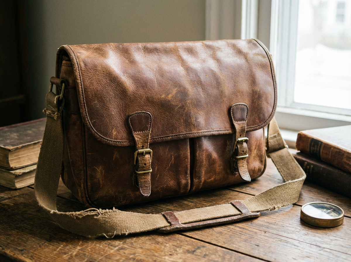 Vintage brown leather messenger bag showing authentic patina and wear