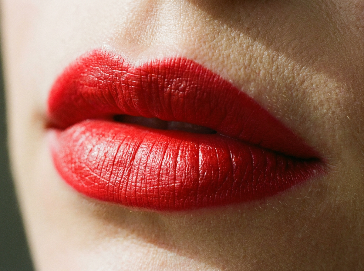 French girl aesthetic classic red lip with satin finish worn as the single beauty statement