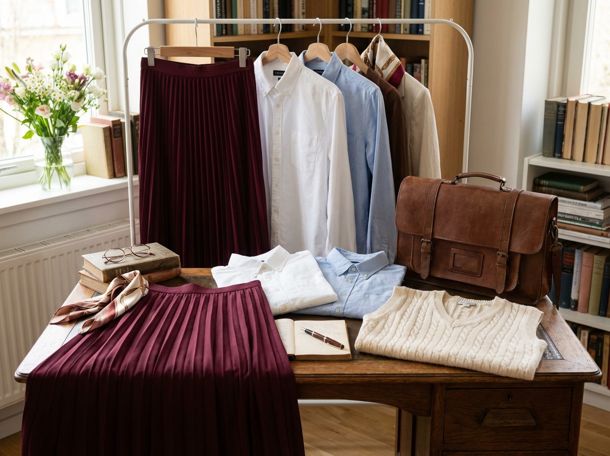 Romantic Academia spring capsule wardrobe with burgundy pleated skirt, Oxford shirts, cable knit vest, leather satchel, and scholarly accessories