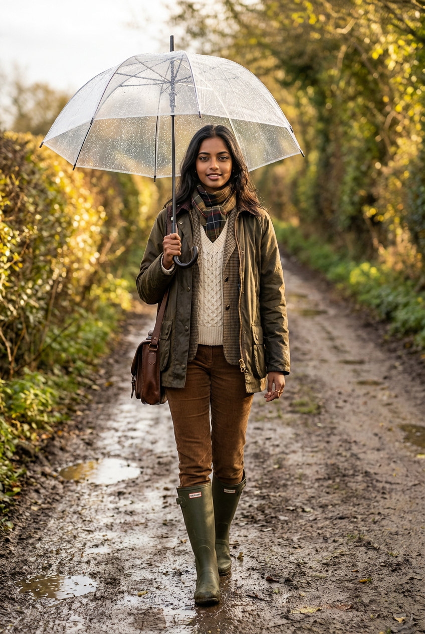 Hedgerow walk after rain: olive waxed field jacket over tweed blazer and Aran vest, corduroy trousers, wellies; tartan scarf knot, leather satchel; drizzle on panes, muddy lane, golden hedge light.