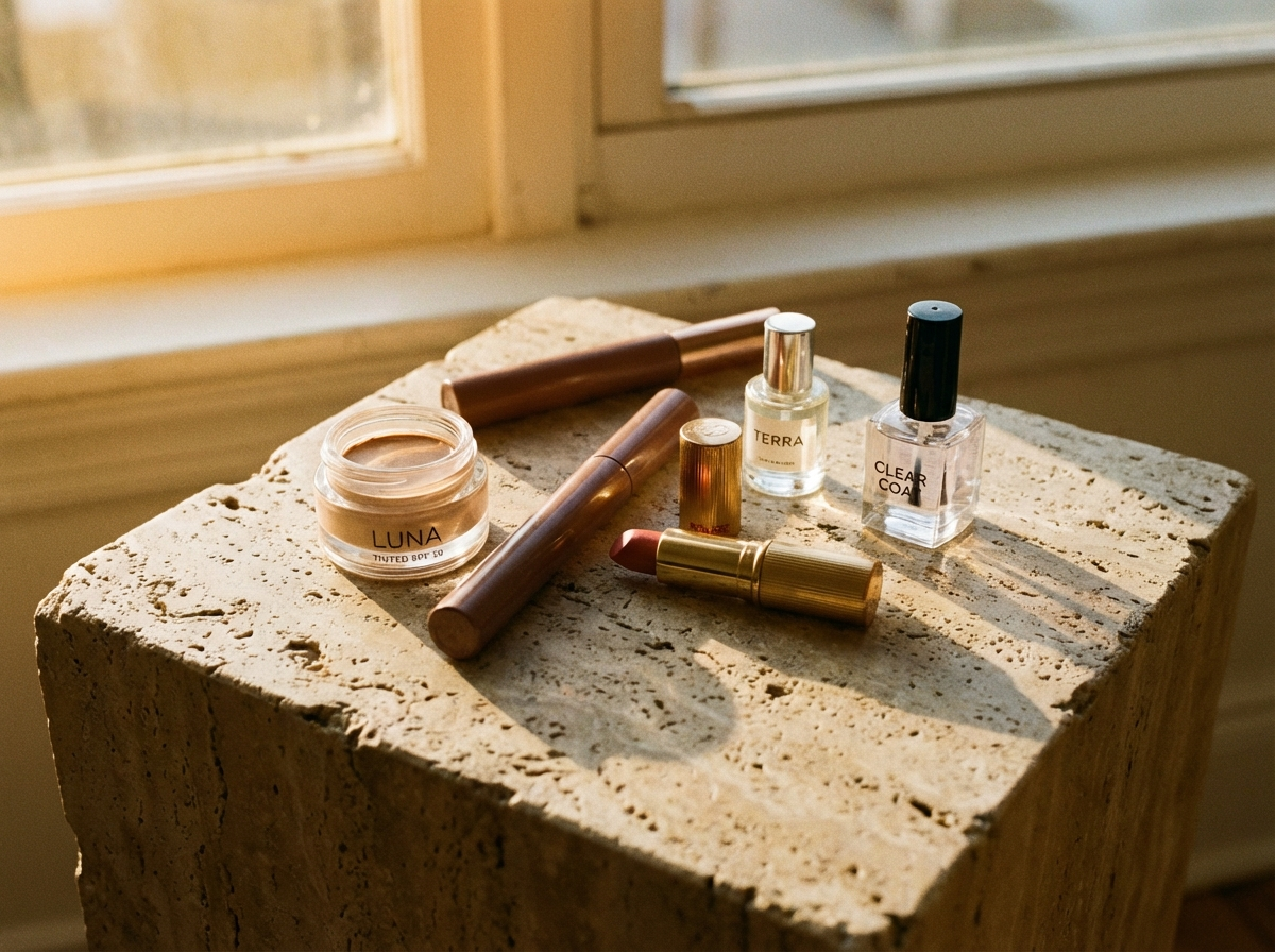 French girl beauty routine essentials flat lay including red lipstick, mascara, tinted SPF, and simple fragrance