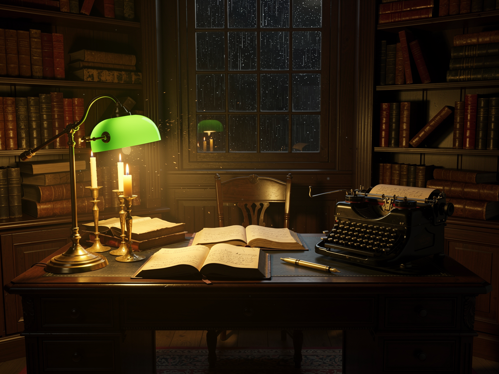 Dark academia lifestyle study room with dark wood desk bookshelves vintage typewriter desk lamp and candles