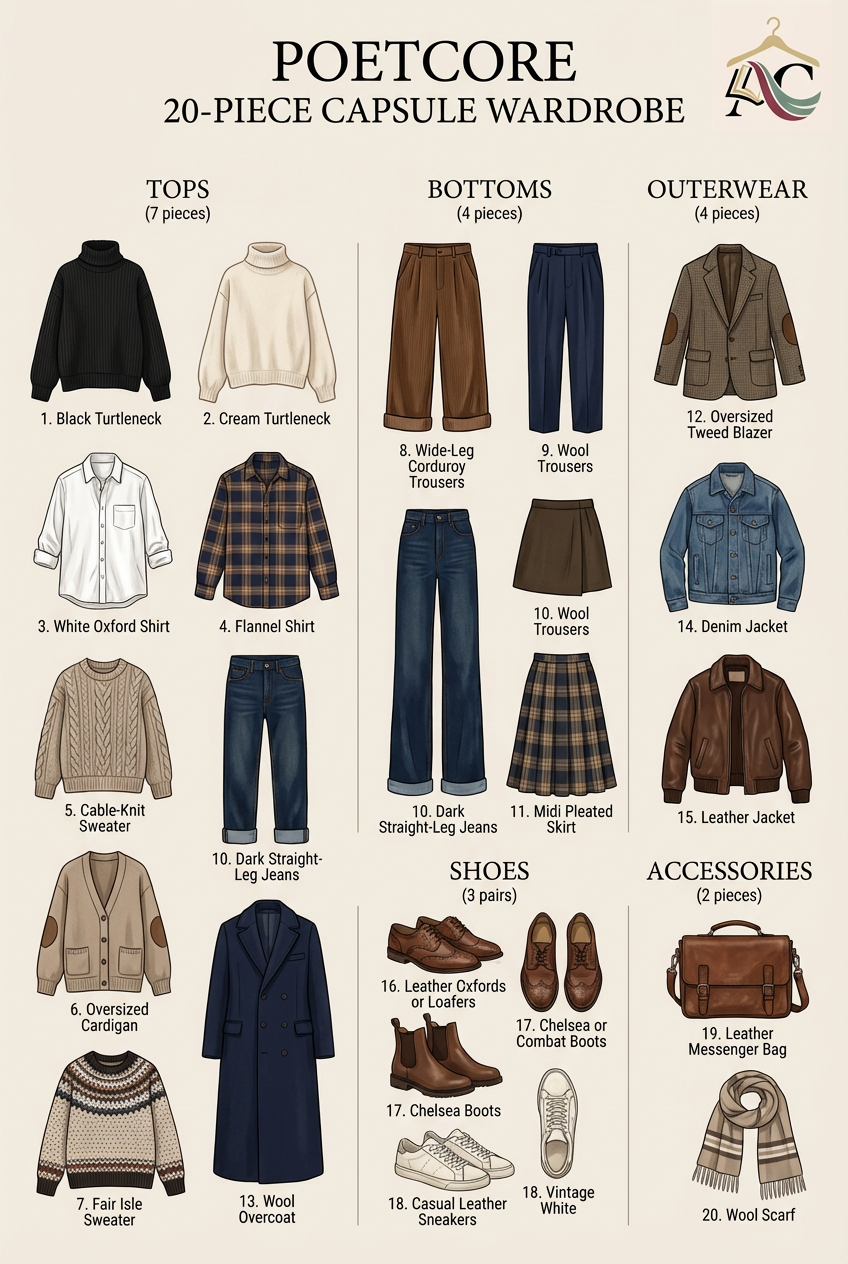 Poetcore capsule wardrobe infographic showing 20 essential pieces including turtlenecks, blazers, corduroys, and accessories