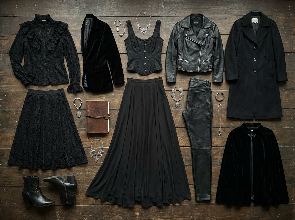 Vamp romantic wardrobe essentials including black velvet dress lace blouse corset leather jacket for gothic glamour style