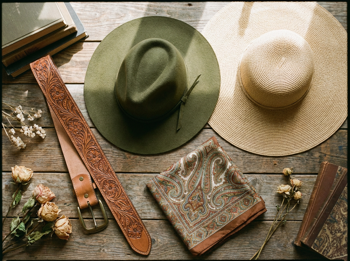 boho accessories flat lay tooled leather belt floppy hat wide brim straw hat printed scarf
